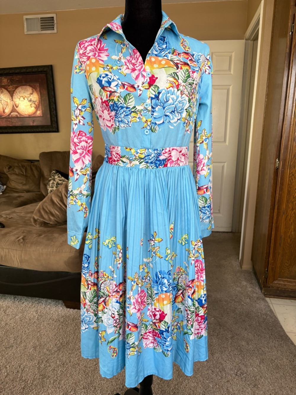 Floral Button-Front Blue Midi Dress
